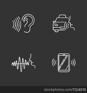 Speech recognizing chalk icons set. Voice control idea. Soundwave, voice command, cab order. Interactive response system. Talk and listen. Virtual assistant. Isolated vector chalkboard illustrations