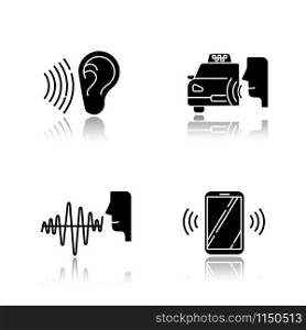Speech recognizing drop shadow black glyph icons set. Voice control idea. Soundwave, voice command, cab order. Interactive response system. Talk and listen. Isolated vector illustrations