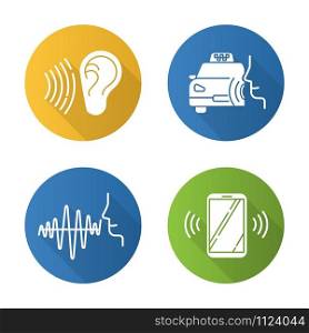 Speech recognizing flat design long shadow glyph icons set. Voice control idea. Soundwave, voice command, cab order. Interactive response system. Talk and listen. Vector silhouette illustration