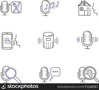 Speech recognizing linear icons set. Voice control. Soundwave, voice command, cab order. Interactive response system. Thin line contour symbols. Isolated vector outline illustrations. Editable stroke