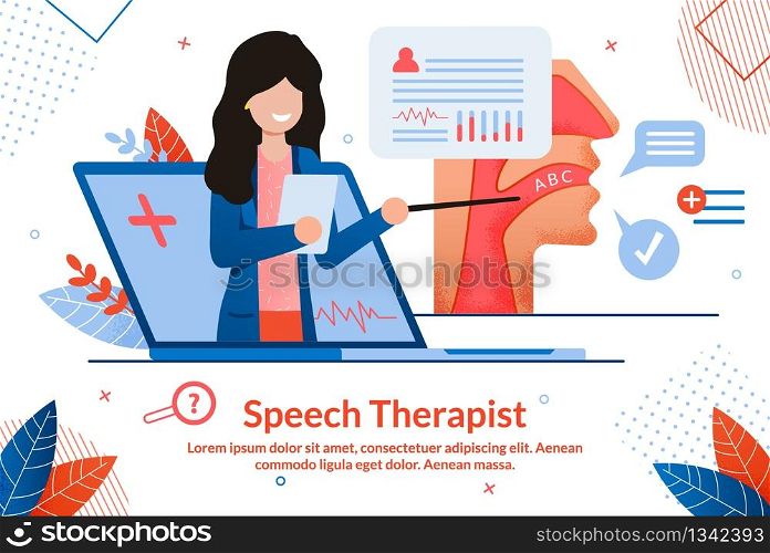 Speech Therapist Consultation, Didactic Aids Treatment Specialist, Psychological Help Online Banner. Female Pedagogue, Doctor with Pointer in Hand Counseling Patients Online Flat Vector Illustration