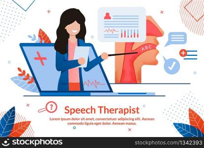 Speech Therapist Consultation, Didactic Aids Treatment Specialist, Psychological Help Online Banner. Female Pedagogue, Doctor with Pointer in Hand Counseling Patients Online Flat Vector Illustration