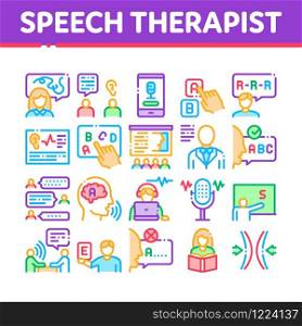 Speech Therapist Help Collection Icons Set Vector. Speech Therapist Therapy, Alphabet And Blackboard, Phone And Microphone Concept Linear Pictograms. Color Contour Illustrations. Speech Therapist Help Collection Icons Set Vector
