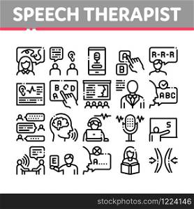 Speech Therapist Help Collection Icons Set Vector. Speech Therapist Therapy, Alphabet And Blackboard, Phone And Microphone Concept Linear Pictograms. Monochrome Contour Illustrations. Speech Therapist Help Collection Icons Set Vector