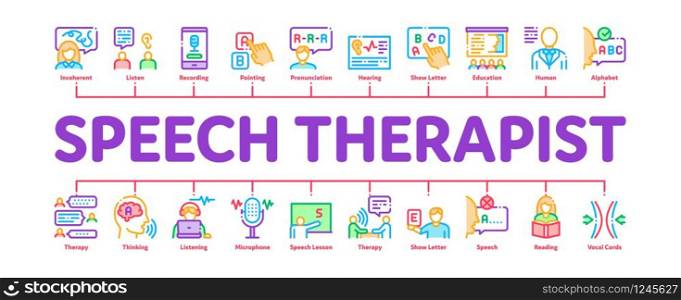 Speech Therapist Help Minimal Infographic Web Banner Vector. Speech Therapist Therapy, Alphabet And Blackboard, Phone And Microphone Illustrations. Speech Therapist Minimal Infographic Banner Vector