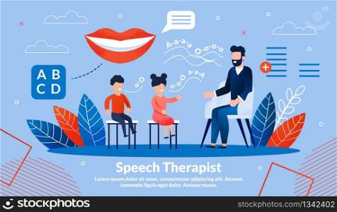 Speech Therapist Practice, Didactic Aids Correction and Treatment Trendy Flat Vector Vector Banner, Poster Template. Children Visiting Psychologist for Pronunciation, Voice Training Illustration