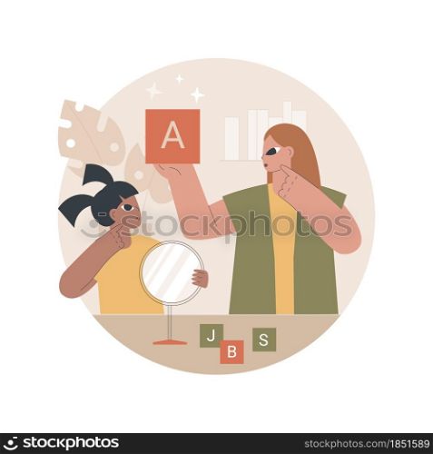 Speech therapy abstract concept vector illustration. Speech pathology therapy, improve language, development delay, speaking disability treatment, tongue exercise at home abstract metaphor.. Speech therapy abstract concept vector illustration.