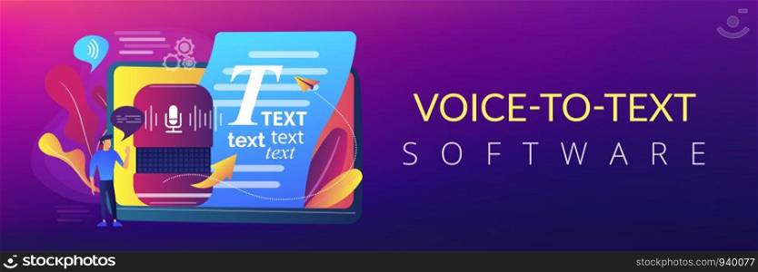 Speech-to-text app, voice recognition application. Convert speech to text, multi-language speech recognizer, voice-to-text software concept. Header or footer banner template with copy space.. Speech to text concept banner header