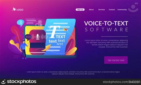 Speech-to-text app, voice recognition application. Convert speech to text, multi-language speech recognizer, voice-to-text software concept. Website homepage landing web page template.. Speech to text concept landing page