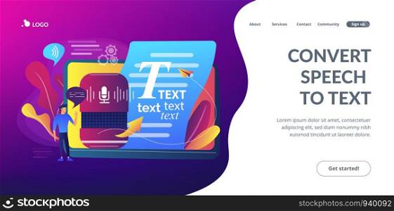 Speech-to-text app, voice recognition application. Convert speech to text, multi-language speech recognizer, voice-to-text software concept. Website homepage landing web page template.. Speech to text concept landing page