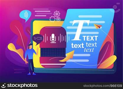 Speech-to-text app, voice recognition application. Convert speech to text, multi-language speech recognizer, voice-to-text software concept. Bright vibrant violet vector isolated illustration. Speech to text concept vector illustration