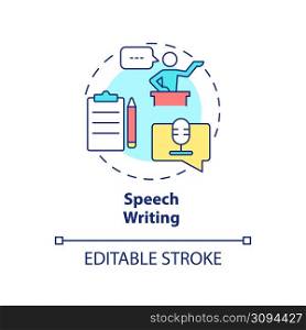 Speech writing concept icon. Public performance prepare. PR firm service abstract idea thin line illustration. Isolated outline drawing. Editable stroke. Arial, Myriad Pro-Bold fonts used. Speech writing concept icon
