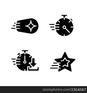 Speed and time black glyph icons set on white space. Shooting star and comet. Stopwatch. Quick download. Dynamic movement. Silhouette symbols. Solid pictogram pack. Vector isolated illustration. Speed and time black glyph icons set on white space