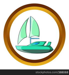 Speed boat with sail vector icon in golden circle, cartoon style isolated on white background. Speed boat with sail vector icon