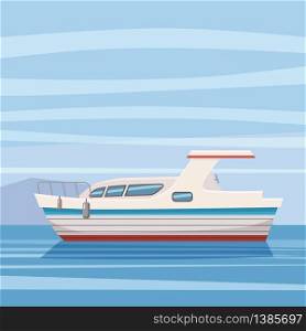 Speed boat, yacht on seascape background, cartoon style, vector illustration. Speed boat, yacht on seascape background, cartoon style, vector illustration, isolated