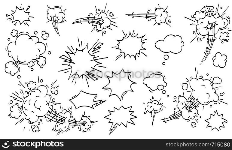 Speed cloud comic. Cartoon fast motion clouds, smoke blast or puff cloud motions. Comic book air wind storm blow explosion vector isolated icons set. Speed cloud comic. Cartoon fast motion clouds vector set