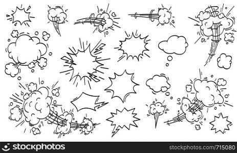 Speed cloud comic. Cartoon fast motion clouds, smoke blast or puff cloud motions. Comic book air wind storm blow explosion vector isolated icons set. Speed cloud comic. Cartoon fast motion clouds vector set