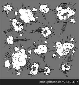 Speed cloud comic. Cartoon fast motion clouds, smoke effects and motions trail. Drawing wind steam, puff explosion and dust fog motion. Cloudy vector isolated elements set. Speed cloud comic. Cartoon fast motion clouds, smoke effects and motions trail vector elements set