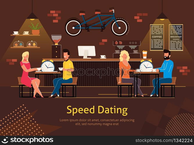 Speed Dating Flat Vector Banner, Poster Template with Couples Sitting at Table in Restaurant, Cafe or Coffee shop Interior, Talking While Drinking Cup of Tea, Trying to Make Relationship Illustration