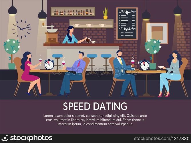 Speed Dating for Lonely People Invitation Flat Poster. Cartoon Men and Women Characters Sitting at Table in Cafe and Talking. Searching Love and Creation New Relationships. Vector Illustration. Speed Dating for Lonely People Invitation Poster