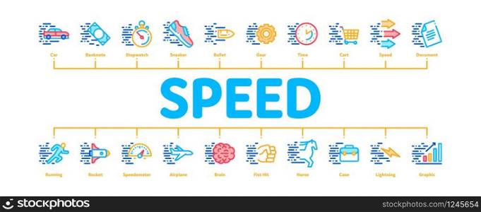 Speed Fast Motion Minimal Infographic Web Banner Vector. Moving At High Speed Car And Air Plane, Rocket And Bullet, Running Human And Horse Illustrations. Speed Fast Motion Minimal Infographic Banner Vector