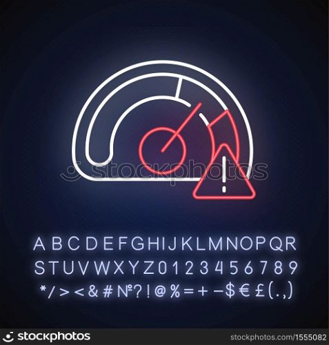Speed limit neon light icon. Safe driving rule, traffic law. Outer glowing effect. Sign with alphabet, numbers and symbols. Over speed warning. Car speedometer vector isolated RGB color illustration. Speed limit neon light icon