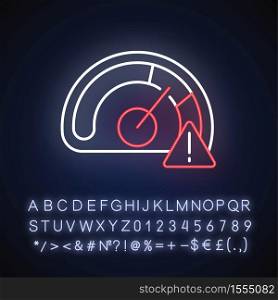 Speed limit neon light icon. Safe driving rule, traffic law. Outer glowing effect. Sign with alphabet, numbers and symbols. Over speed warning. Car speedometer vector isolated RGB color illustration. Speed limit neon light icon