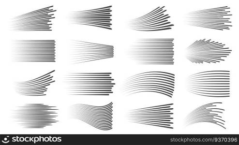 Speed lines effect. Fast motion manga or comic linear patterns. Horizontal and wavy car movement stripes or anime action dynamic vector set. Different waves for book explosion, movement. Speed lines effect. Fast motion manga or comic linear patterns. Horizontal and wavy car movement stripes or anime action dynamic vector set