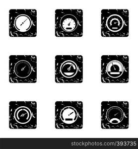 Speed measurement icons set. Grunge illustration of 9 speed measurement vector icons for web. Speed measurement icons set, grunge style