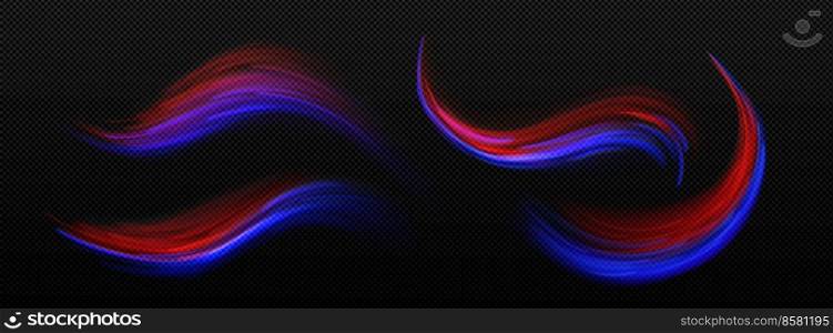 Speed motion light effect, blue and red trails of dynamic movement, glow of road traffic at night. Abstract wavy light stripes, shiny lines isolated on transparent background, vector realistic set. Speed motion light effect, blue and red trails