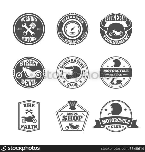Speed race bikers garage repair service emblems and motorcycling clubs tournament labels collection isolated vector illustration