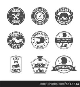 Speed race bikers garage repair service emblems and motorcycling clubs tournament labels collection isolated vector illustration