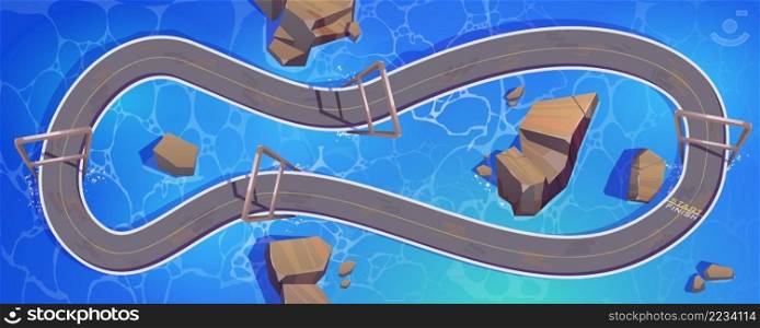 Speed race car track map for game background. Vector cartoon illustration of circuit road for auto rally competition top view. Loop racetrack on overpass above water. Speed race car track above water for game