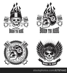 Speed racer. Born to ride. Set of emblems with human skulls in racing helmets. Vector illustration.