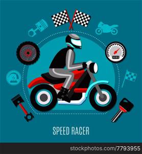 Speed Racer design concept with biker in helmet riding on motorcycle and repair parts decorative icons flat vector illustration . Speed Racer Design Concept