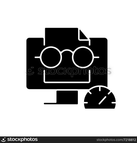 Speed reading black glyph icon. Viewing digital screen. Improving fast reading ability. Rapidly recognizing sentences. Comprehension. Silhouette symbol on white space. Vector isolated illustration. Speed reading black glyph icon