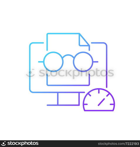 Speed reading gradient linear vector icon. Viewing digital screen. Fast reading. Rapidly recognizing sentences. Thin line color symbol. Modern style pictogram. Vector isolated outline drawing. Speed reading gradient linear vector icon