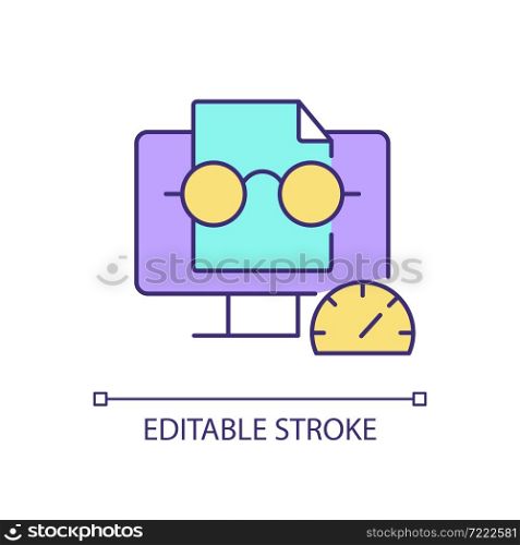 Speed reading RGB color icon. Viewing digital screen. Improving fast reading ability. Rapidly recognizing sentences. Isolated vector illustration. Simple filled line drawing. Editable stroke. Speed reading RGB color icon