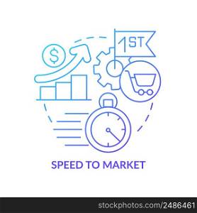 Speed to market blue gradient concept icon. Innovative culture characteristic abstract idea thin line illustration. New product launch. Isolated outline drawing. Myriad Pro-Bold font used. Speed to market blue gradient concept icon