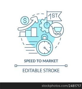 Speed to market turquoise concept icon. Innovative culture abstract idea thin line illustration. New product launch. Isolated outline drawing. Editable stroke. Arial, Myriad Pro-Bold fonts used. Speed to market turquoise concept icon