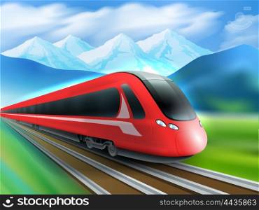 Speed Train Mountains Background Realistic Poster. Red streamlined high-speed day train with mountain range background realistic image ad poster print vector illustration