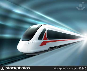Speed Train Railway Station Realistic Poster . Super streamlined high speed train station tunnel with motion light effect background realistic poster print vector illustration