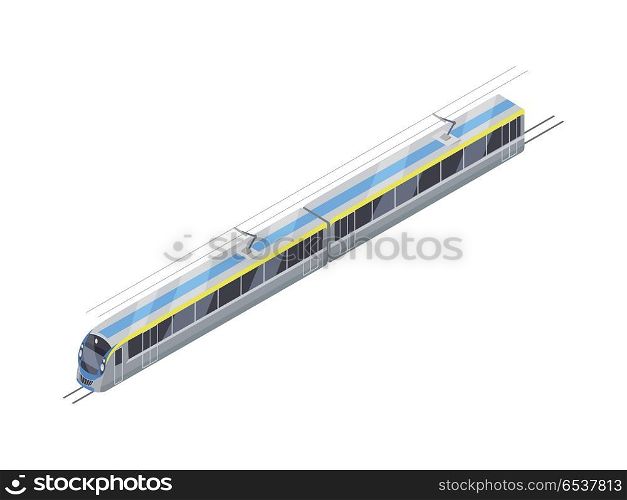 Speed train Vector Icon in Isometric Projection. Speed train isometric projection icon. Modern locomotive with wagon leaving tunnel vector illustration isolated on white background. For game environment, transport infographics, logo, web design