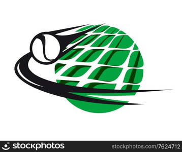 Speeding curving tennis ball and tennis net on a circular green background, for sports design. Tennis ball and tennis net icon