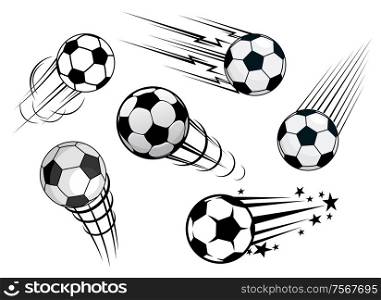Speeding footballs or soccer balls set in black and white with various motion trails, vector illustration on white