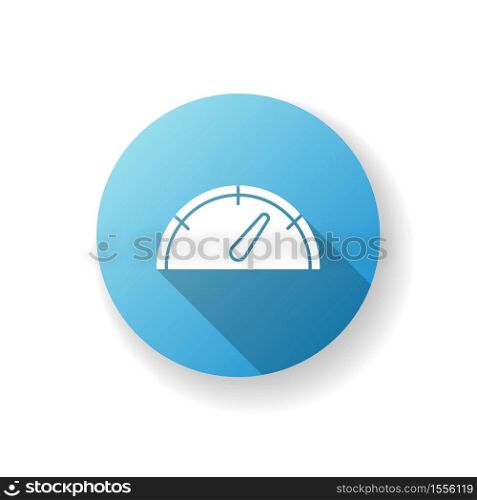 Speedometer blue flat design long shadow glyph icon. Gas dial. Dashboard with pointer. Meter display for speed control. Measure velocity. Rating indication. Silhouette RGB color illustration. Speedometer blue flat design long shadow glyph icon
