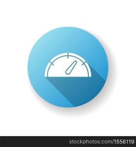 Speedometer blue flat design long shadow glyph icon. Gas dial. Dashboard with pointer. Meter display for speed control. Measure velocity. Rating indication. Silhouette RGB color illustration. Speedometer blue flat design long shadow glyph icon