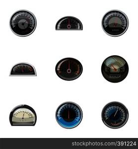 Speedometer for transport icons set. Cartoon illustration of 9 speedometer for transport vector icons for web. Speedometer for transport icons set, cartoon style
