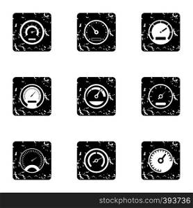 Speedometer for transport icons set. Grunge illustration of 9 speedometer for transport vector icons for web. Speedometer for transport icons set, grunge style