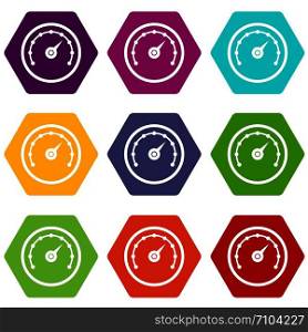 Speedometer icon set many color hexahedron isolated on white vector illustration. Speedometer icon set color hexahedron